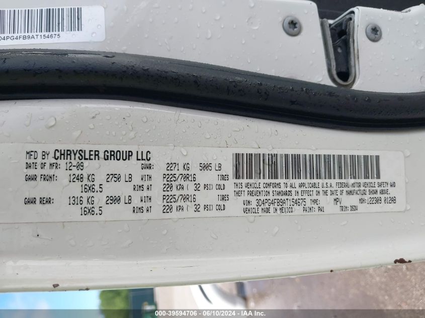 2010 Dodge Journey Se VIN: 3D4PG4FB9AT154675 Lot: 39594706