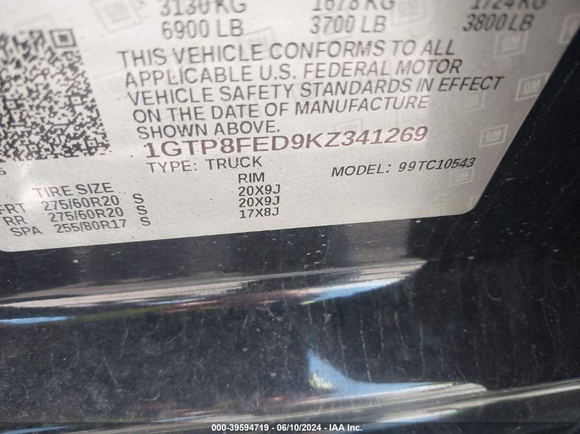 2019 GMC Sierra 1500 Denali VIN: 1GTP8FED9KZ341269 Lot: 39594719