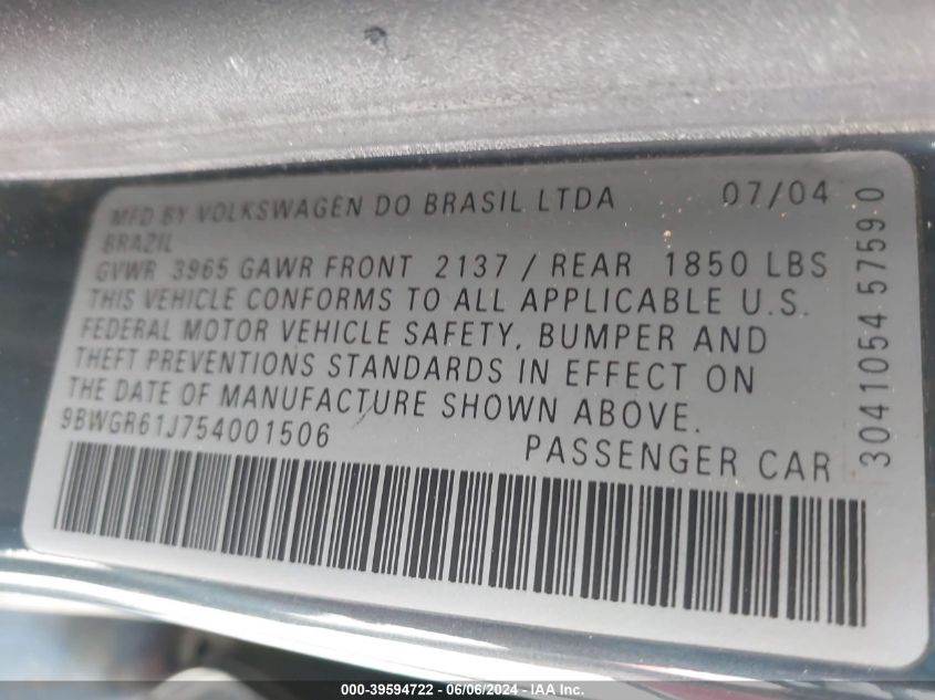 2005 Volkswagen Golf Gls Tdi VIN: 9BWGR61J754001506 Lot: 39594722