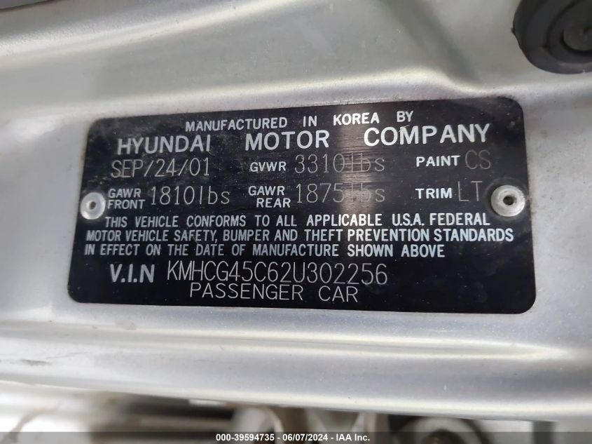 2002 Hyundai Accent Gl VIN: KMHCG45C62U302256 Lot: 39594735