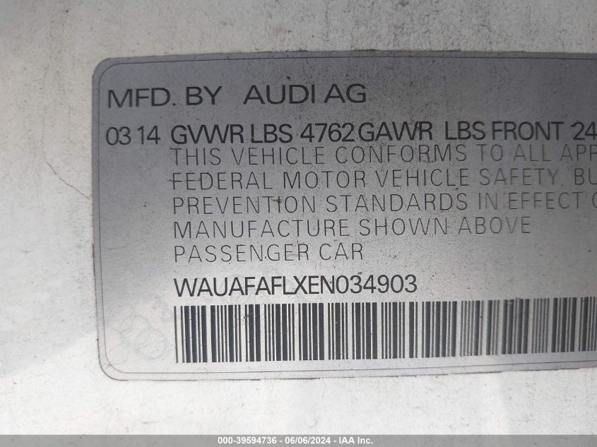 2014 Audi A4 2.0T Premium VIN: WAUAFAFLXEN034903 Lot: 39594736