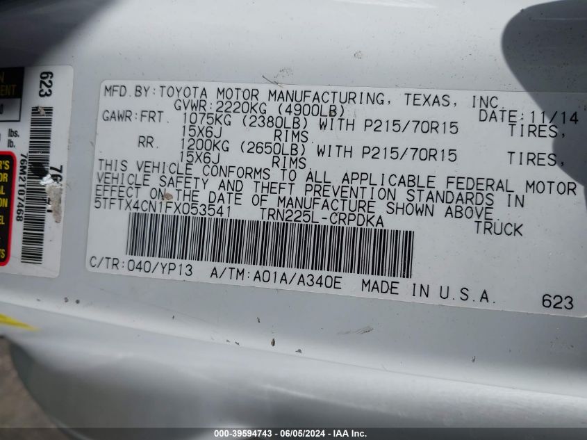 2015 Toyota Tacoma VIN: 5TFTX4CN1FX053541 Lot: 39594743