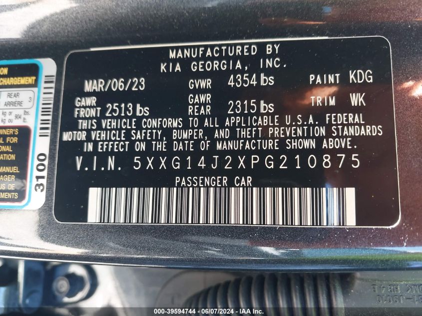 2023 Kia K5 Lxs VIN: 5XXG14J2XPG210875 Lot: 39594744