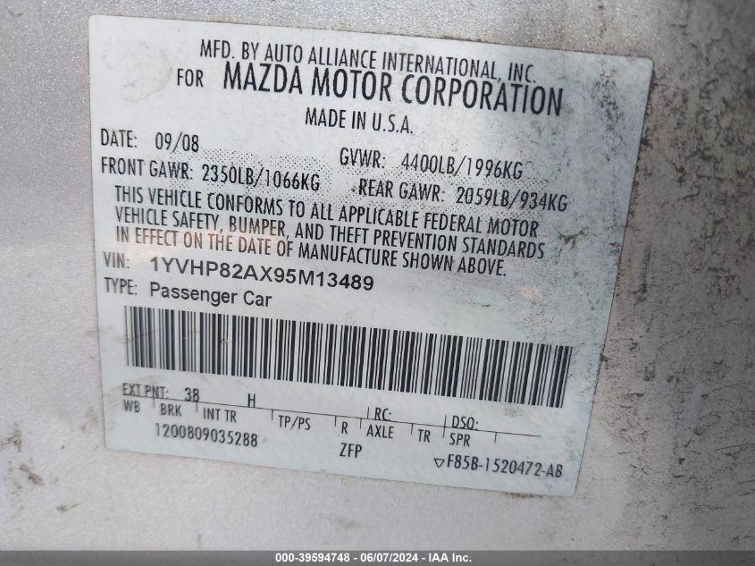 2009 Mazda Mazda6 I Grand Touring VIN: 1YVHP82AX95M13489 Lot: 39594748