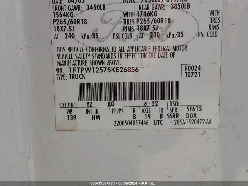 2005 Ford F-150 Lariat/Xlt VIN: 1FTPW12575KE26856 Lot: 39594777