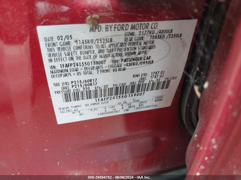 2005 Ford Five Hundred Sel VIN: 1FAFP24155G159007 Lot: 39594782