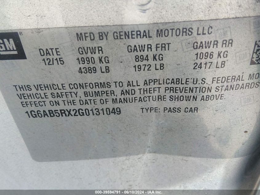 2016 Cadillac Ats Luxury Collection VIN: 1G6AB5RX2G0131049 Lot: 39594791