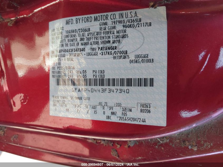 2003 Ford Mustang VIN: 1FAFP40443F347340 Lot: 39594807