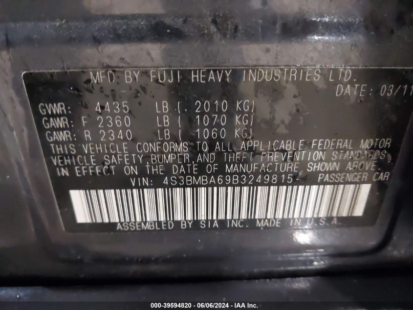 2011 Subaru Legacy 2.5I VIN: 4S3BMBA69B3249815 Lot: 39594820