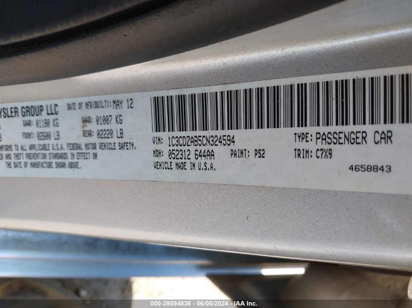 2012 Dodge Avenger Se VIN: 1C3CDZAB5CN324594 Lot: 39594836