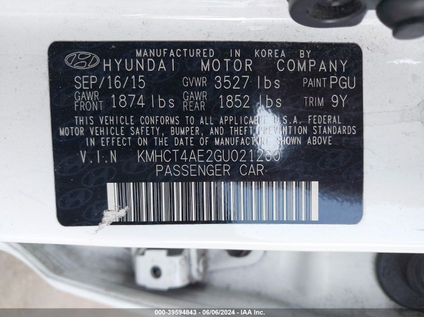 2016 Hyundai Accent Se VIN: KMHCT4AE2GU021260 Lot: 39594843