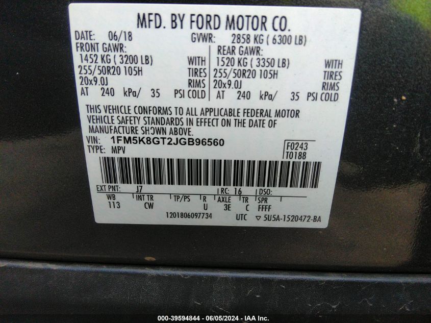 2018 Ford Explorer Sport VIN: 1FM5K8GT2JGB96560 Lot: 39594844