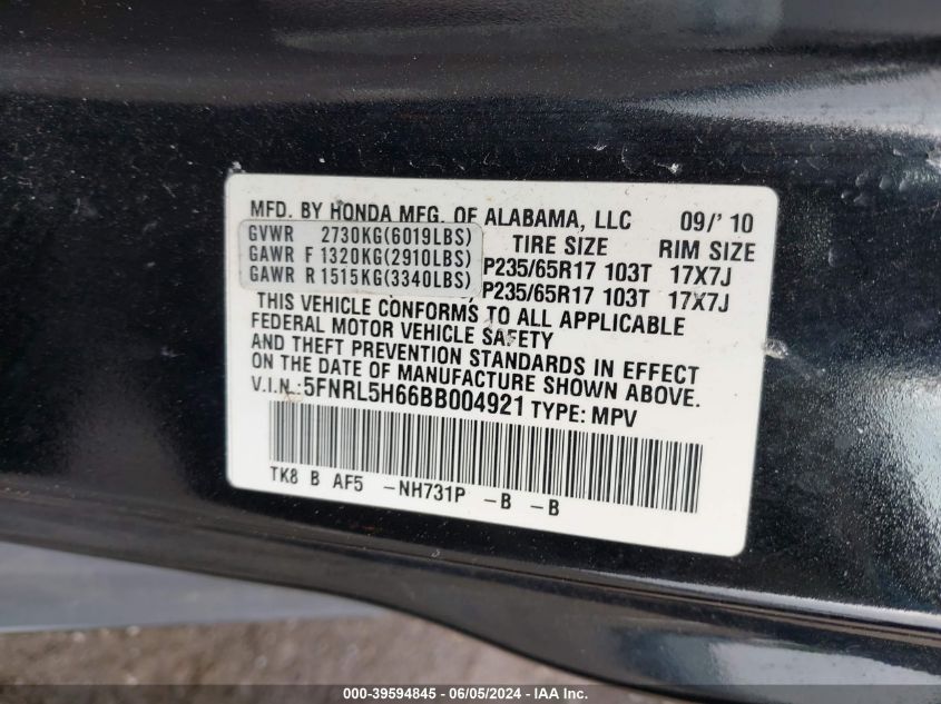 2011 Honda Odyssey Ex-L VIN: 5FNRL5H66BB004921 Lot: 39594845