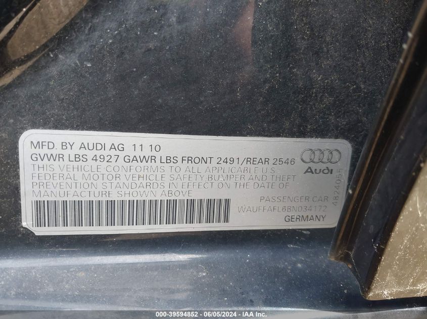 2011 Audi A4 2.0T Premium VIN: WAUFFAFL6BN034172 Lot: 39594852