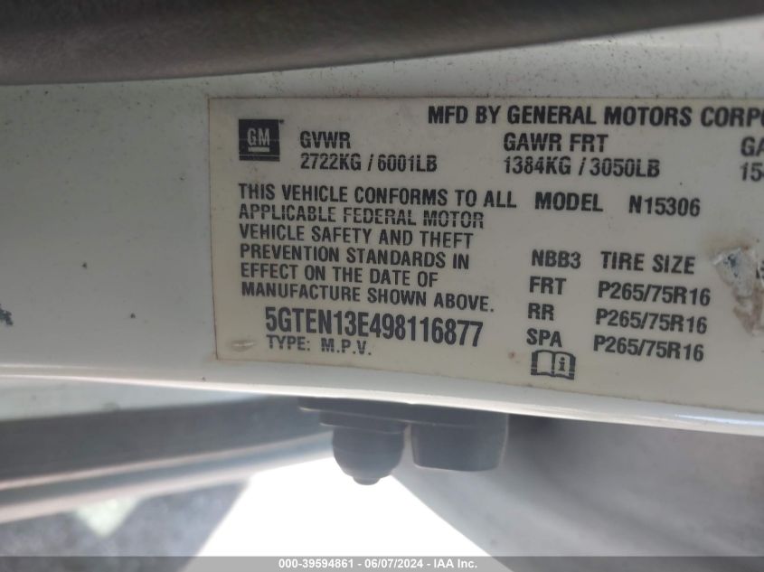 2009 Hummer H3 Suv VIN: 5GTEN13E498116877 Lot: 39594861