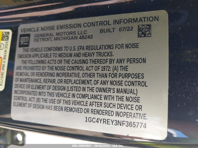 2022 Chevrolet Silverado 2500Hd 4Wd Standard Bed High Country VIN: 1GC4YREY3NF365774 Lot: 39594881