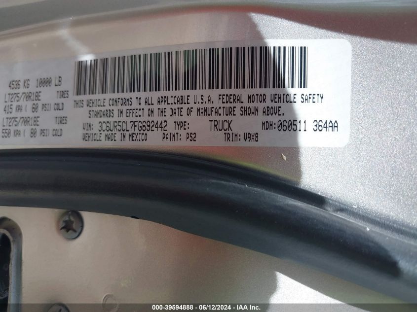 2015 Ram 2500 Tradesman VIN: 3C6UR5CL7FG692442 Lot: 39594888