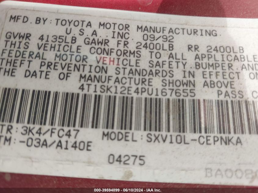 4T1SK12E4PU167655 1993 Toyota Camry Le