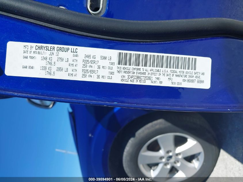 2012 Dodge Journey Sxt VIN: 3C4PDCBB6CT353921 Lot: 39594901