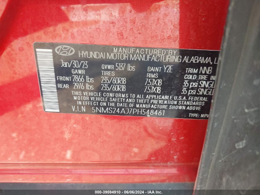 2023 Hyundai Santa Fe Sel VIN: 5NMS24AJ7PH548461 Lot: 39594910