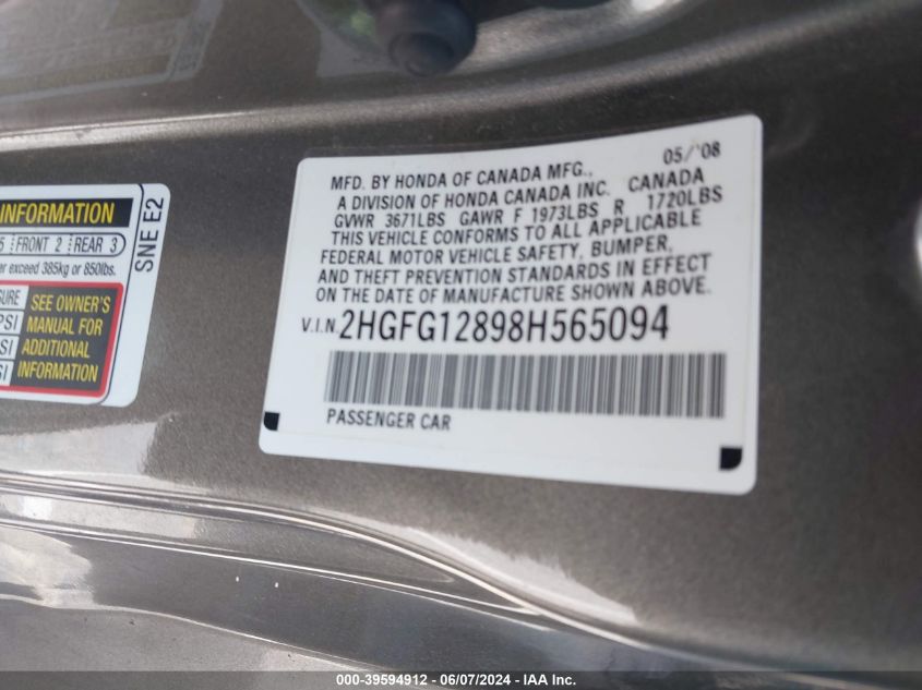 2008 Honda Civic Ex VIN: 2HGFG12898H565094 Lot: 39594912
