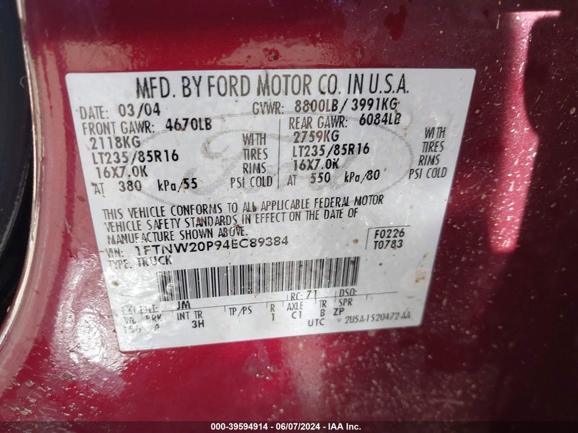 2004 Ford F-250 Lariat/Xl/Xlt VIN: 1FTNW20P94EC89384 Lot: 39594914