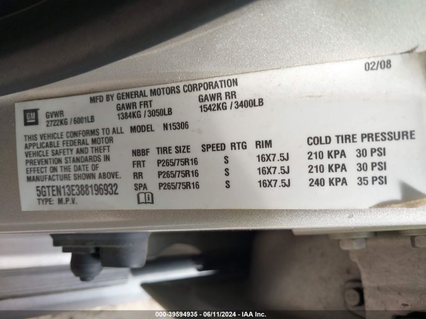 2008 Hummer H3 Suv VIN: 5GTEN13E388196932 Lot: 39594935