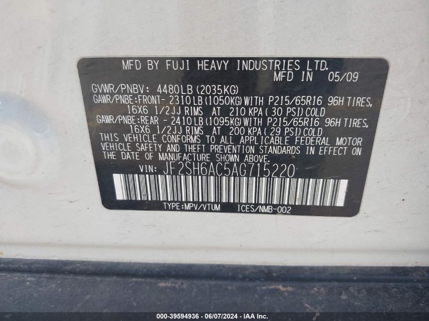 2010 Subaru Forester 2.5X VIN: JF2SH6AC5AG715220 Lot: 39594936