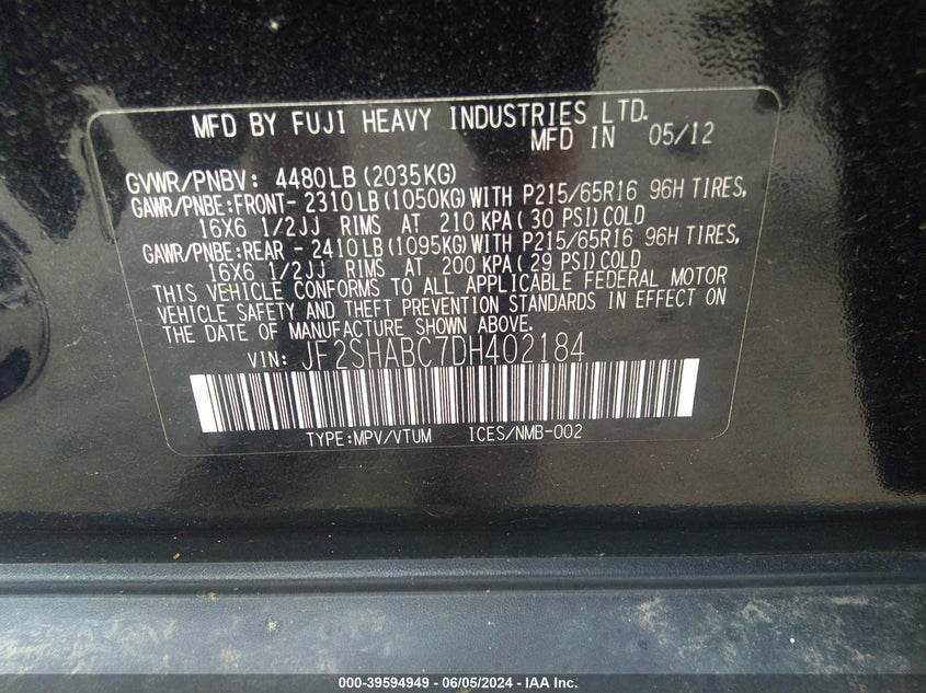 2013 Subaru Forester 2.5X VIN: JF2SHABC7DH402184 Lot: 39594949