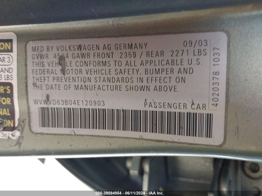 2004 Volkswagen Passat Gls VIN: WVWVD63B04E120903 Lot: 39594954