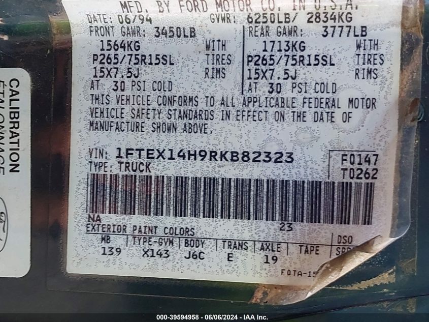 1994 Ford F150 VIN: 1FTEX14H9RKB82323 Lot: 39594958