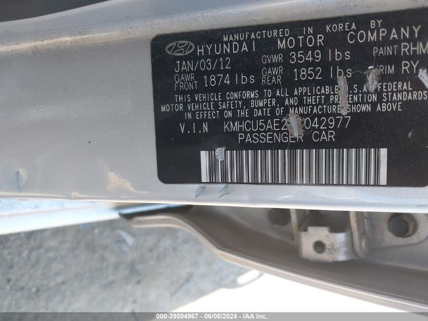 2012 Hyundai Accent Se VIN: KMHCU5AE2CU042977 Lot: 39594967