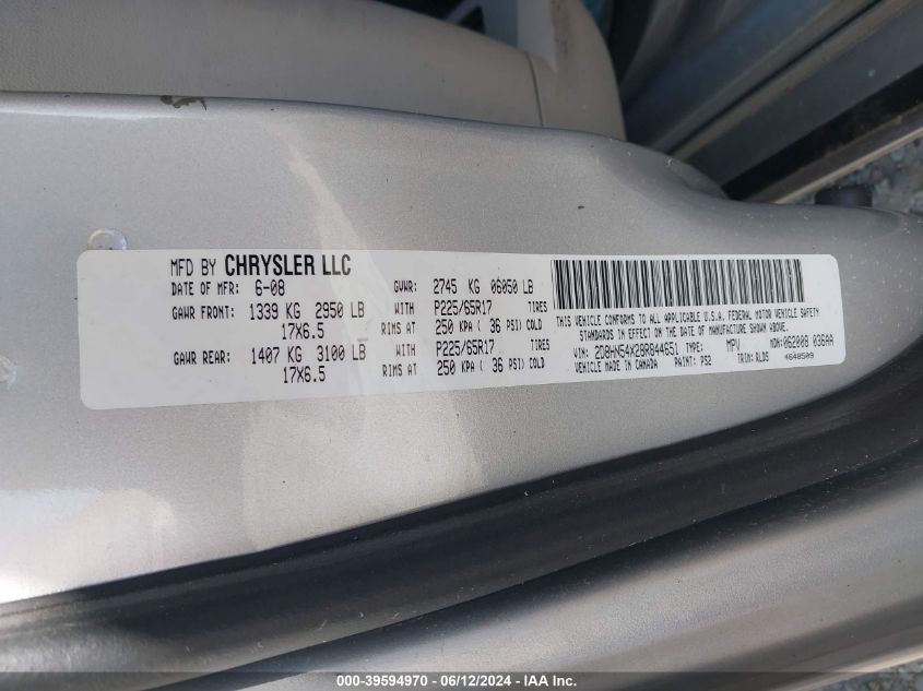 2008 Dodge Grand Caravan Sxt VIN: 2D8HN54X28R844651 Lot: 39594970