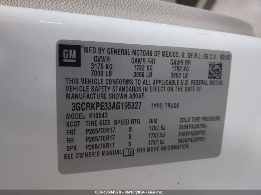 2010 Chevrolet Silverado 1500 Work Truck VIN: 3GCRKPE33AG195327 Lot: 39594978