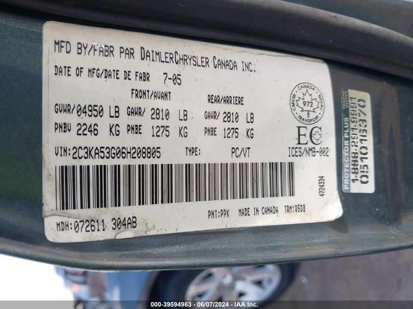 2006 Chrysler 300 VIN: 2C3KA53G06H208805 Lot: 39594983