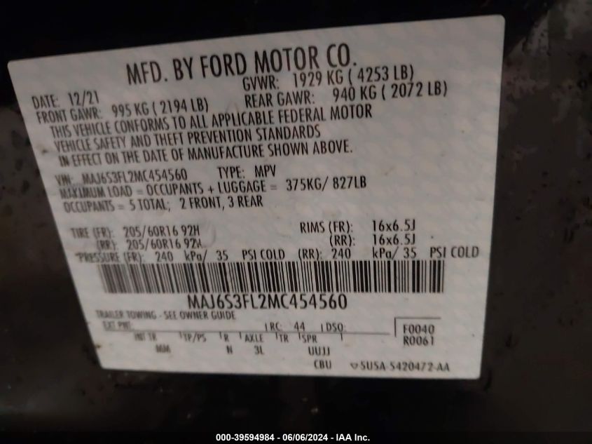 2021 Ford Ecosport S VIN: MAJ6S3FL2MC454560 Lot: 39594984