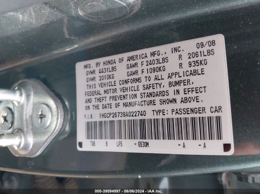 2009 Honda Accord 2.4 Ex VIN: 1HGCP26739A022740 Lot: 39594997