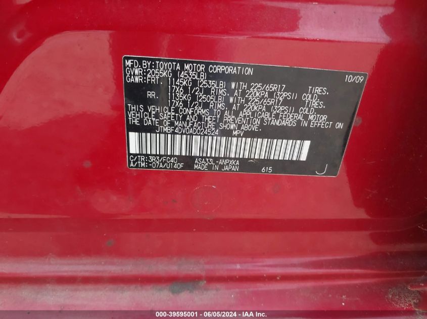 2010 Toyota Rav4 VIN: JTMBF4DV0AD024524 Lot: 39595001