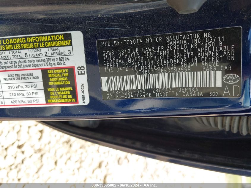 2011 Toyota Corolla Le VIN: 2T1BU4EE8BC592569 Lot: 39595002