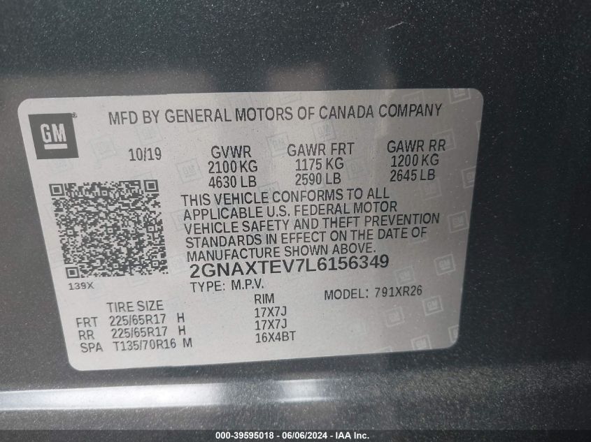 2020 Chevrolet Equinox Awd 2Fl VIN: 2GNAXTEV7L6156349 Lot: 39595018