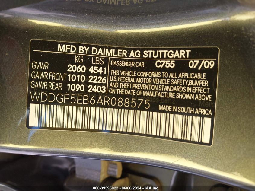 2010 Mercedes-Benz C 300 Luxury/Sport VIN: WDDGF5EB6AR088575 Lot: 39595022