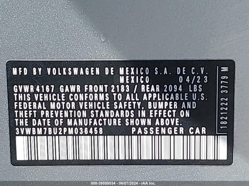 2023 Volkswagen Jetta 1.5T Sport VIN: 3VWBM7BU2PM036458 Lot: 39595034