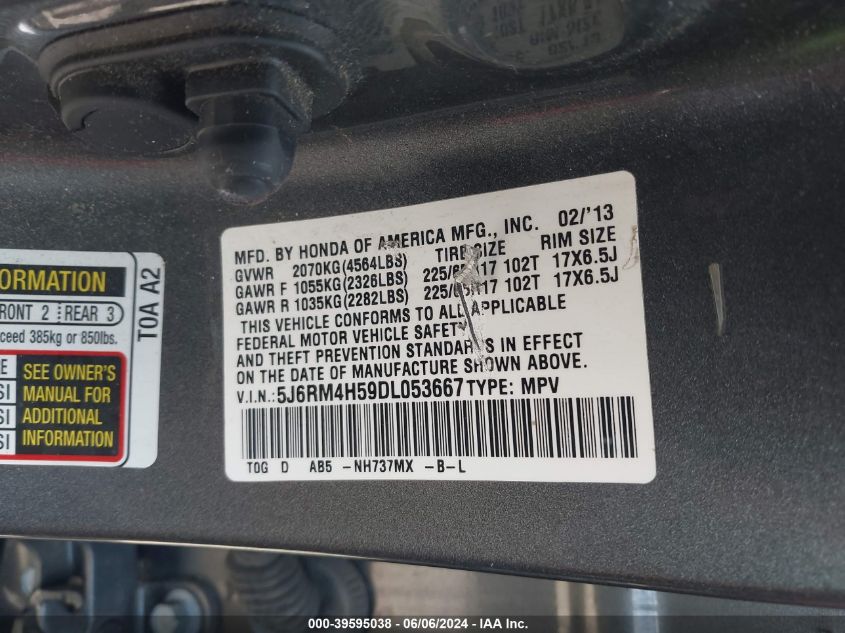 2013 Honda Cr-V Ex VIN: 5J6RM4H59DL053667 Lot: 39595038