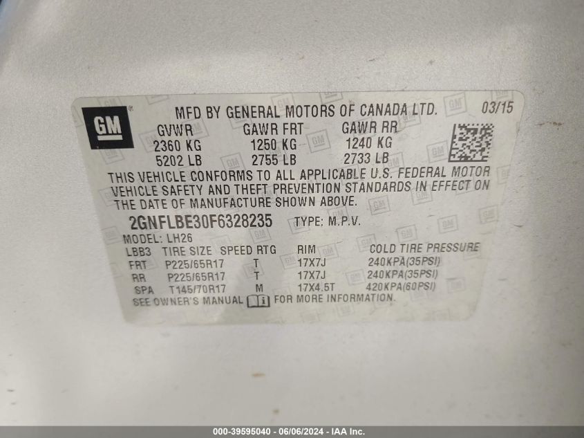 2015 Chevrolet Equinox 1Lt VIN: 2GNFLBE30F6328235 Lot: 39595040