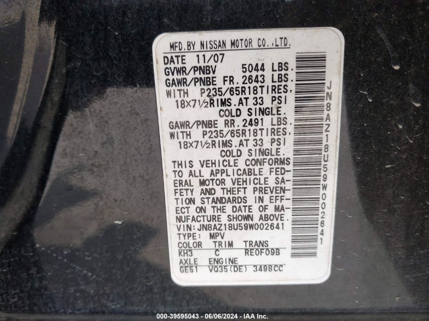 2009 Nissan Murano Sl VIN: JN8AZ18U59W002641 Lot: 39595043
