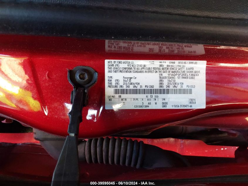 2014 Ford Focus Se VIN: 1FADP3F25EL138233 Lot: 39595045