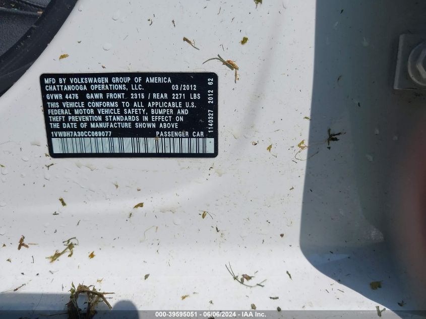 2012 Volkswagen Passat 2.5L Se VIN: 1VWBH7A30CC069077 Lot: 39595051