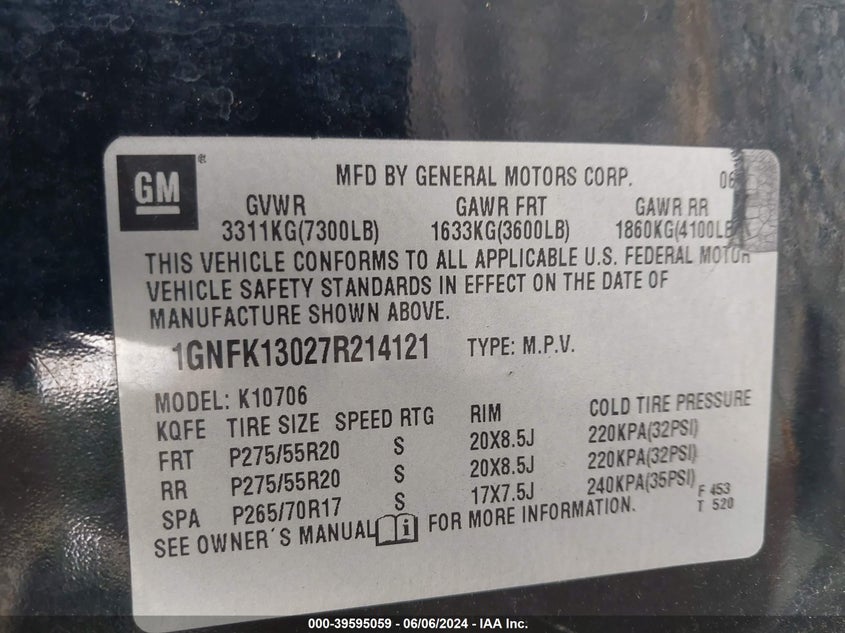 2007 Chevrolet Tahoe Ltz VIN: 1GNFK13027R214121 Lot: 39595059