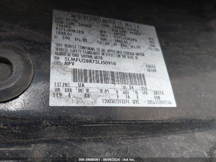 2003 Lincoln Navigator VIN: 5LMFU28R73LJ50910 Lot: 39595061