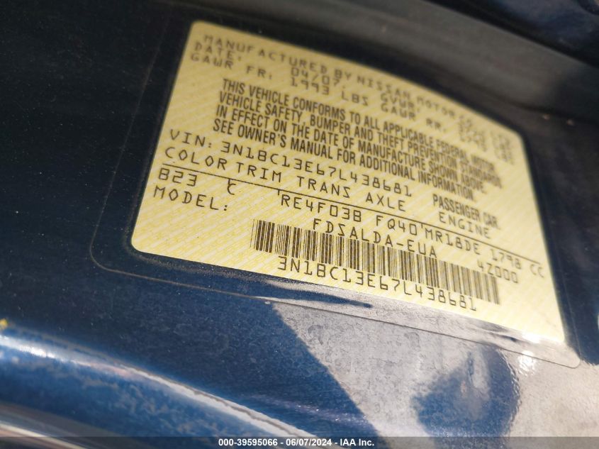 2007 Nissan Versa 1.8S VIN: 3N1BC13E67L438681 Lot: 39595066